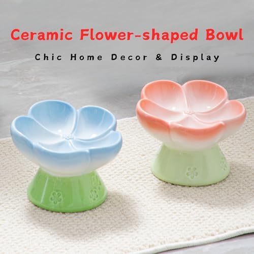 Ceramic Cat Divided Bowl Flower Shaped (5 Sections) - 4 Inch Elevated Design Cute Slow Feeder Bowl, Heavy Base, Under-Glazed Gradient Color - Separates Dry/Wet Food, Veggies, Fruits & Treats - Image 4