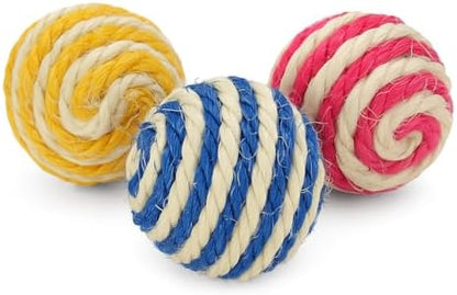 Cutie's PetBox 3-Pack Sisal String Rattle Ball Toy for Indoor Cats - All Natural Woven Fibers, Assorted Colors, 1.7" Size by High-QualityPetToys