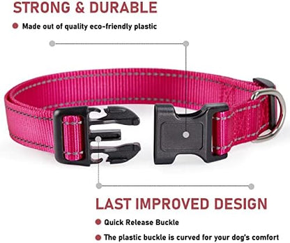 Reflective Dog Collar with Buckle Adjustable Safety Nylon Collars for Small Medium Large Dogs, Pink L - Image 2