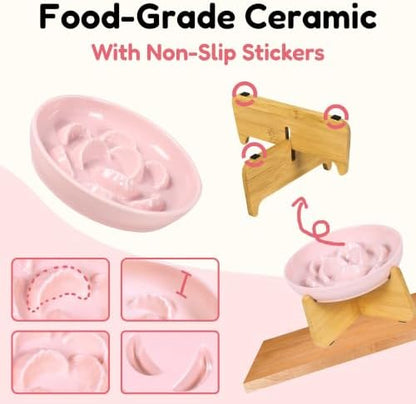 Elevated Slow Feeder Cat Bowl with Bamboo Stand, 6.3'' Ceramic Cat Food Bowl, Raised Whisker Friendly Cat Dish for Wet & Dry Food, Dishwasher Safe Anti-Slip Feeder for Cats & Small Dogs (Pink) - Image 5