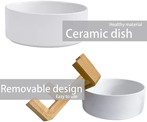 Ceramic Dog Cat Bowl with Wood Stand,Cat Food & Water Bowls Elevated Non-Spill Modern Cute Kitty Dishes Heavy Weighted Round Pet Dishes Set for Kitten Small Cat(White) - Image 5