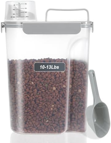 LEAWALK 10-13 Lbs Upgrade Capacity Dog Cat Food Storage Container, Pet Dog Treat Container, Airtight, Clear Bucket Body, With 2-Cup Scoop, Handle, Large Nozzle, 4-Safety Buckles, Easy to Clean, Gray by LEAWALK