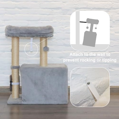 PEEKAB Small Cat Tree Tower,Scratching Post with Condo and Perch for Indoor Cats and Kittens,with Dangling Ball Massage Brush,Grey - Image 5