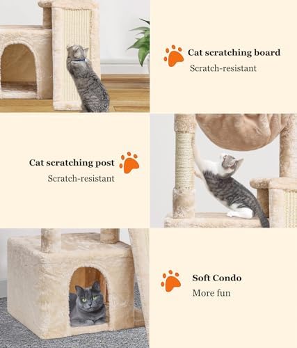 SYANDLVY Cat Tree for Indoor Cats Large Adults, Modern Activity Tower with Scratching Posts & Board, Condo with Plush Perch, Climbing Stand with Cradle & Hanging Ball for Play, Beige - Image 4