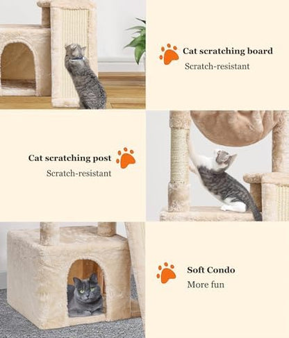 SYANDLVY Cat Tree for Indoor Cats Large Adults, Modern Activity Tower with Scratching Posts & Board, Condo with Plush Perch, Climbing Stand with Cradle & Hanging Ball for Play, Beige - Image 4