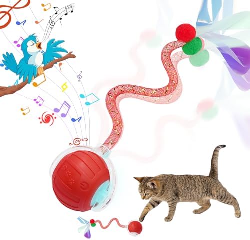 Interactive Cat Toys Ball for Indoor Cats, Automatic Self-Rolling, Motion-Activated, Bird Chirping Cats Dogs Ball Toy with Elastic Mesh Tail, Cat Enrichment Toys for Indoor Cats (Red) by Unknown