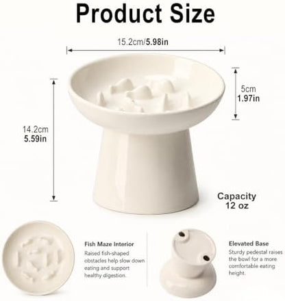 Ceramic Elevated Cat Slow Feeder Bowl, 6 Inch Shallow Wide Dish, 12oz Anti‑Vomiting Cat Food Bowl for Dry & Wet Food, Anti‑Slip Pet Feeding Bowl, White - Image 3
