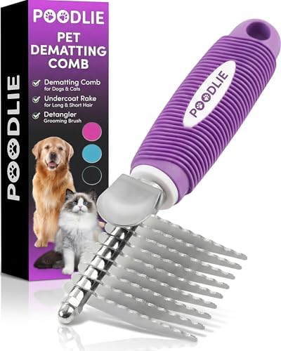 Poodle Dematting Fur Rake Comb Brush for Dogs and Cats - Long 2.5" Steel Safety Blades Metal Comb for Detangling Matted or Knotted Undercoat Hair by Poodlie