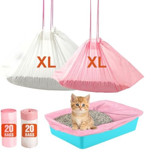 Cat Litter Liners XL Heavy Duty Tear Resistant Litter Box Bags Leak Proof Drawstring Liners for Easy Clean Up & Odor Control, Fits Most Large Litter Boxes 36"x18" Pink & White 40 Count by Unknown