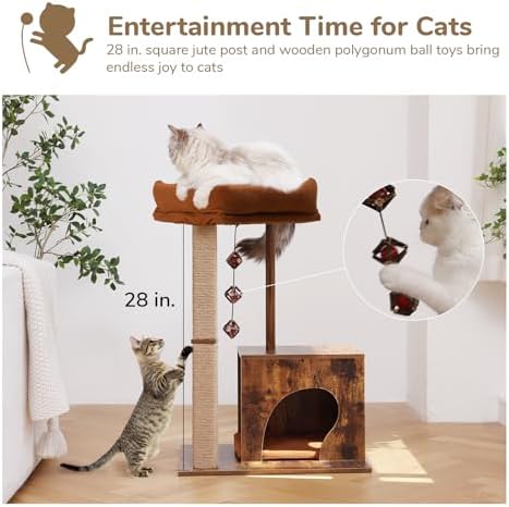 FUKUMARU Retro-Modern Cat Tree, Small Wooden Cat Tower with Post and Condo - Image 6