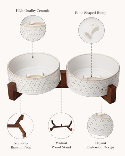MALACASA Dog Bowl Set, Ceramic Bowls with Walnut Wood Stand, 4 Cups - Image 5