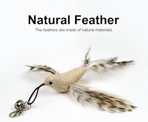 TTcat 4 Pack Linen Bird Cat Wand Refills, Natural Feather Detachable Replacement Toy Heads with Bell, Universal Lobster Clip-on Cat Teaser Attachments, Indoor Kitten Hunting Boredom Relief Prey Toy. - Image 4