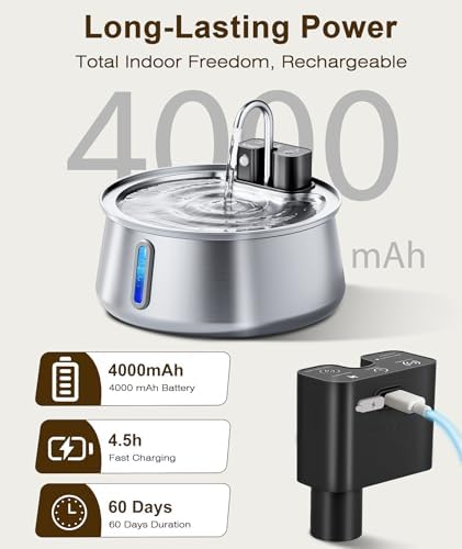 CEESC Cordless Cat Water Fountain, Stainless Steel, 4L/135oz for Cats/Dogs - Image 4