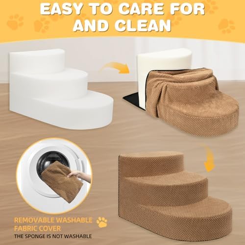 Dog Stairs 3 Steps Foam Pet Ramp for Small Dogs Cats, Khaki - Image 4