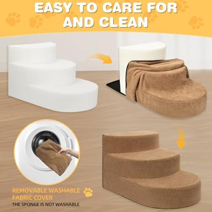 Dog Stairs 3 Steps Foam Pet Ramp for Small Dogs Cats, Khaki - Image 4