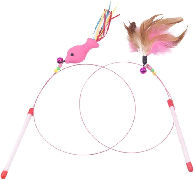 TEHAUX Cat Teaser Wand 27.55 Inch Interactive Fishing Pole with Feather Fish Design and Bells for Kitten Exercise and Play
