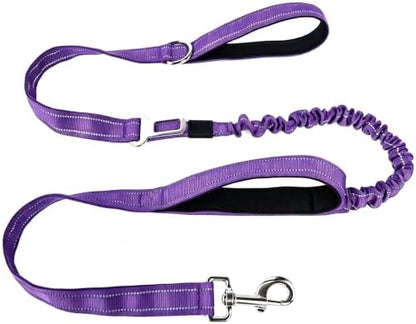 Bungee Dog Leash 5FT-6FT Shock Absorbing, Heavy Duty Tactical Dog Lead with Padded Double Handles, Car Seat Belt, No Pull Reflective Training Leashes for Medium Large Dogs (Purple) by Fidohug