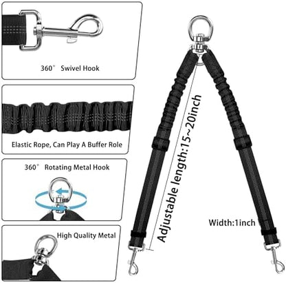 YAODHAOD Double Dog Leash,Two Dog Leash Splitter, No Tangle 360° Swivel Rotation Reflective Lead, Adjustable Length Bungee Heavy Duty Walking Training Dual Extension (Black) - Image 3