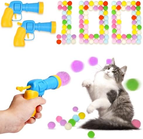 TEAWOO 100Pcs Cat Toys Pom Pom Balls with 2 Launcher Set by TEAWOO