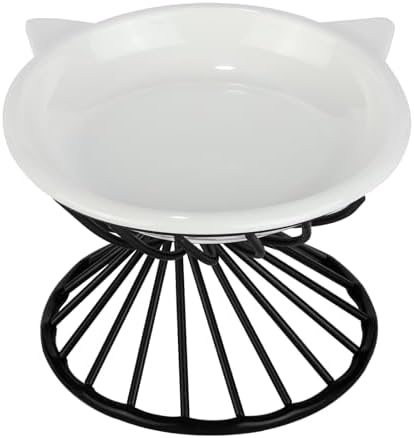 Elevated Cat Bowls,6.3" Wide Raised Ceramic Cat Food Bowl with Anti-Slip Metal Stand for Indoor Cats,Whisker Friendly,Protect Pet's Spine Pet Food Dishes for Flat Faced Cats and Kitten (White) by Meowgod