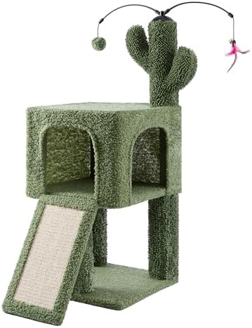 32" Cactus Cat Tree for Indoor Cats, 2-in-1 Cat House with Sisal Scratching Post & Ramp, 2-Level Cat Tower with Rotatable Feather & Ball Toys, Stable Cat Condo for Small/Medium Cats, Green by ROYPET