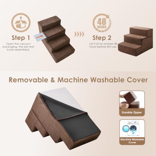 EHEYCIGA Dog Stairs 13.5" H, 3-Step Extra Wide Dog Steps, Brown - Image 6