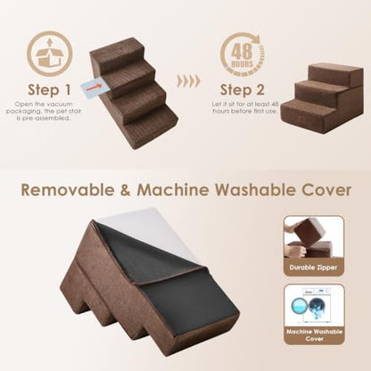 EHEYCIGA Dog Stairs 13.5" H, 3-Step Extra Wide Dog Steps, Brown - Image 6