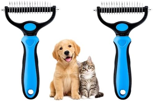 2-in-1 Double-Sided Pet Grooming Comb for Dogs & Cats - Deshedding Brush & Rounded-Tooth Dematting Tool | Painlessly Removes Knots, Tangles, Loose Undercoat & Fur in Thick/Long Coats (Blue-Large*2) by Unknown