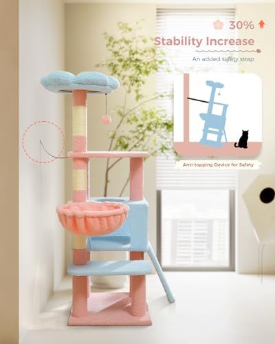 MUTTROS Flower Cat Tree 47.2" Multi-Level Cat Tower with Sisal Covered Scratching Posts, Cute Cat Condo for Indoor Small Medium Cats, Pink Top Perch, Ramp, Fluffy Ball, Blue - Image 5