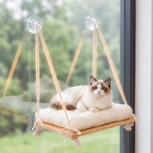 Cat Window Perch Hammock with Upgraded 4 Suction Cups Soft Cushion Wood Bed - Image 5