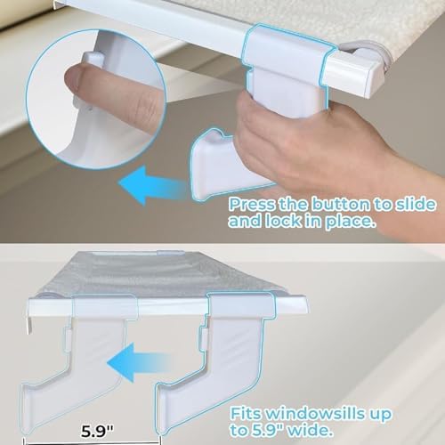 Cat Bed Window Sill Perch,Adjustable Cat Bedside Hammock Metal Frame Kitten Shelf Windowsill for Indoor Large Heavy Cats No Drilling Window Sill Extender for Pets (White, M) - Image 4