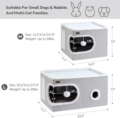 Garnpet Cat Bed for Indoor Cats Cube House, Covered Cat Cave Beds & Furniture with Scratch Pad and Hideaway Tent, Cute Modern Cat Condo for Multi Small Pet Large Kitten Kitty, Khaki - Image 2
