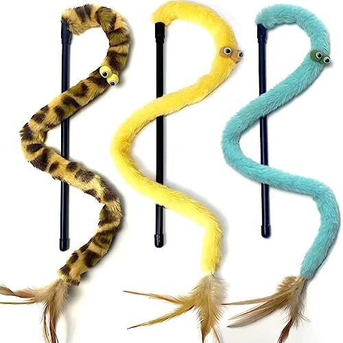 Cat Toys for Indoor Toys,Rainbow Cat Wand Toys,Feather Flips Plush Ball Cat Toys,Interactive Feather Toy for Teaser Play and Chase Exercise with Kitten 3 Pack (Pack 3) by AZOFFYIU