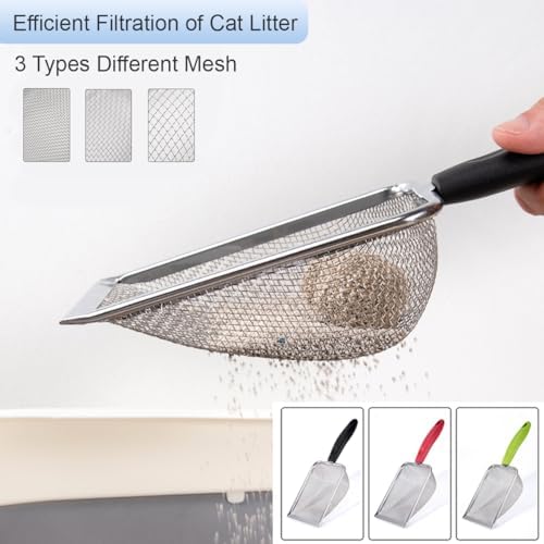 3PCS Cat Litter Scoop, Reptile Stainless Steel Fine Mesh,Litter Cleaner Corner Scoop Sand Sifter (Black-Green-Red) - Image 6