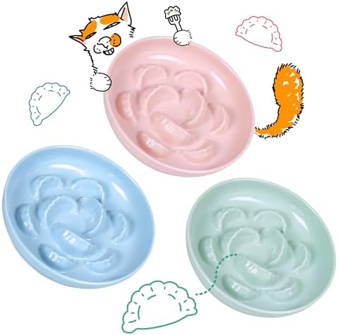 Slow Feeder Bowl for Cats and Small Dogs - Set of 3 Melamine Puzzle Cat Dish for Wet & Dry Food- Whisker Friendly & Dishwasher Safe & Non Slip Design (Pink +Blue + Green, 6.3" W × 1.2" H by FullCharm