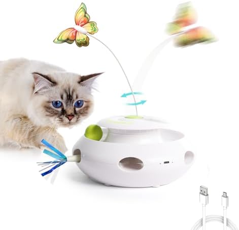 ALL FOR PAWS 3 in 1 Interactive Butterfly Flutter Cat Toy with Rolling Balls, Automatic Kitten Spinner Toys, Popping Feather Toy, Mental Stimulation for Indoor Cats, USB Rechargeable by Home