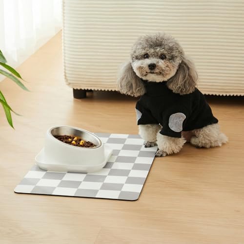 Checkered Dog Feeding Mat, Absorbent Mats for Dog Food and Water Bowl, Dispenser, Feeder, Retro Aesthetic Grey Checkerboard Pet Placemat for Dogs, Cats, Puppy Accessories, 16" X 24” - Image 2