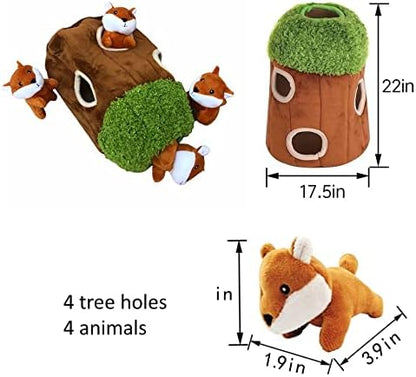 Fox in Tree Hide and Seek Dog Toy for Small and Medium Size Dogs, Plush Fox Inside Trunk Dog Toy with Squeaker, Interactive Burrow Toy (Tree with Fox, Medium)