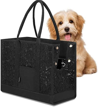 Black Dog Carrier Purse Lace Pet Dog Cat Carrier Tote Bags Fits Small Medium Dogs Puppy for Travel Hiking Walking with Lace Anti-Grab Net & PP Pad by Backpacks