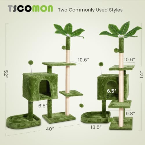 52inch Large Cat Tree Tower Condo with Hammock for Indoor Cats, Soft Plush Multi-Level Climbing Tree Cat House with Cat Cave, Scratching Post, Sisal Rope, Green - Image 3