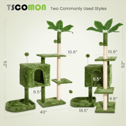 52inch Large Cat Tree Tower Condo with Hammock for Indoor Cats, Soft Plush Multi-Level Climbing Tree Cat House with Cat Cave, Scratching Post, Sisal Rope, Green - Image 3