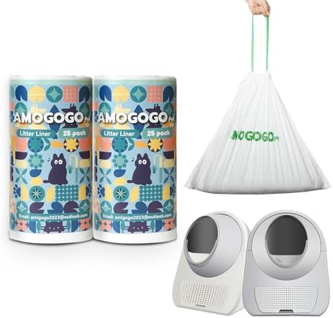 50 Pack Litter Box Bags, Compatible with Self Cleaning Litter Box Scooper Young & ProX & Ultra, Automatic Litter Box Liners, Replacement Trash Bags with Drawstring, 25.59" x 15.75" by AMOGOGOPET