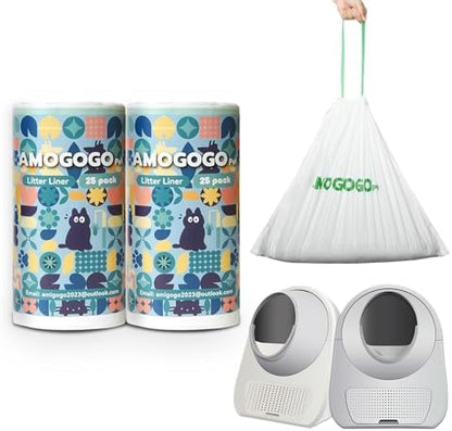 50 Pack Litter Box Bags, Compatible with Self Cleaning Litter Box Scooper Young & ProX & Ultra, Automatic Litter Box Liners, Replacement Trash Bags with Drawstring, 25.59" x 15.75" by AMOGOGOPET