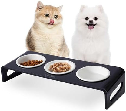 Tilted Raised Elevated Food and Water Bowls Stand for Cat or Small Dogs - Puppy's Clear Acrylic Stainless Steel 3 Dishes Holder for Boy or Girl Pet by WBhonghui (Black-3bowls) by WBHONGHUI