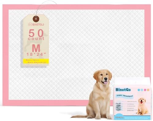 BinetGo Pink Disposable Pee Pads for Dogs, 50 Count 18” x 24” Medium Wee Wee Pads for Urine, Extra Absorbent Unscented Puppy Pads, Pet Training Pads for Dogs, Pink Doggy Pee Pads for Indoors by BinetGO