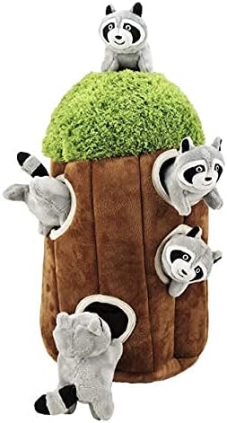 Glow Pups Dog Puzzle Plush Toy Tree with Squeaky Raccoons, Interactive Hide and Seek Fun, Promotes Mental Stimulation, Large Size, Brown/Gray Plush, 5-Pack (Raccoon in Tree, Large)