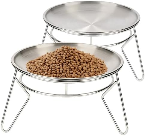 Cat Food Bowls,6.7" Extra Wide Raised Stainless Steel Cats Food Whisker Fatigue Shallow Dishes with Anti-Slip Metal Stand, for Indoor Fat Faced Cat Kitten and Small Dog Puppies-2pack by Meowgod