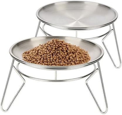 Cat Food Bowls,6.7" Extra Wide Raised Stainless Steel Cats Food Whisker Fatigue Shallow Dishes with Anti-Slip Metal Stand, for Indoor Fat Faced Cat Kitten and Small Dog Puppies-2pack by Meowgod