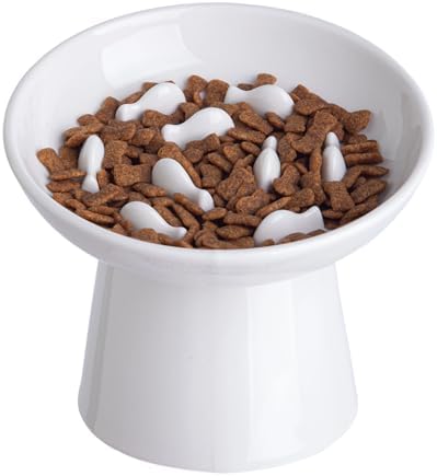 Ceramic Elevated Slow Feeder Cat Bowl - 6" Raised Cat Food Bowl for Bloat Relief & Anti-Vomiting, Whisker Friendly Ceramic Cat Slow Feeder for Indoor Cats, Kittens, Puppies - White(1pc) by KITCHENLESTARaddsmorebeautifulcolourstoyourlife