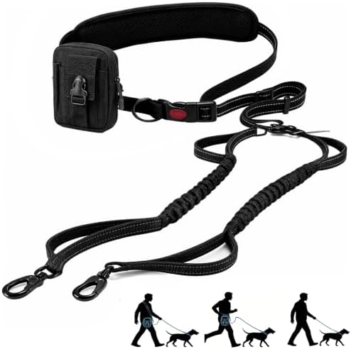 3-in-1 Hands Free Double Dog Leash with Detachable Pouch,Waist Dog Leash for 2 Dogs with Reflective Stitches 4 Comfortable Padded Handles Shock Absorbing Bungee,Tangle Free for Walking Jogging Hiking by Unknown